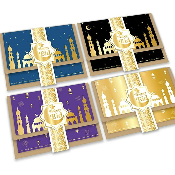 4 Packs Eid Mubarak Gift Money Envelopes Wallets, Ramadan Mubarak Paper Gift Card Holders Happy Eid Greeting Cards Money Holders for Kids Parents Eid Celebrations Party Supplies