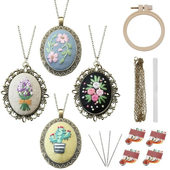 4 Packs Embroidery Necklace Kit,Embroidery Pendant Kit Mini Cross Stitch Kit with Hoop,Necklace,Pendant,Stamped Pattern Cloth,Instructions,etc.,Embroidery Kit for Adults