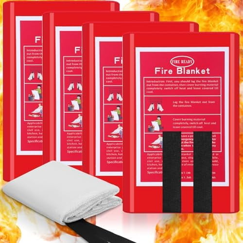 4 Packs Emergency Fire Blanket, Fiberglass Fire Suppression Blanket with Box Fireproof Flame Retardant Safety Survival Cover for Home Kitchen Fireplace Grill Office Warehouse