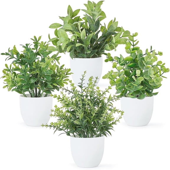4 Packs Fake Plants Mini Artificial Greenery Potted Plants Faux Euc for Spring Decor Home Indoor Office Table Shelf Room Bathroom Farmhouse Decor (White)