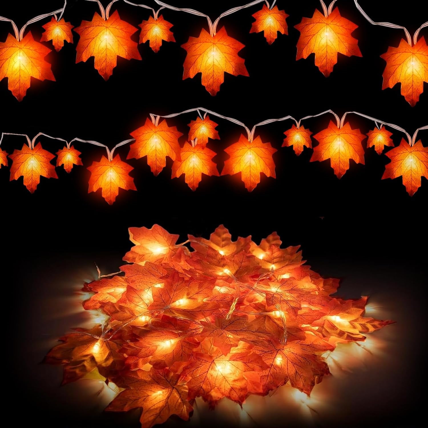 4 Packs Fall Decor Maple Leaves String Lights, Waterproof Total 40Ft 80 LED, Battery Operated String Light for Home Mantel Porch Door Indoor Outdoor Halloween Thanksgiving Decor Christmas Decorations