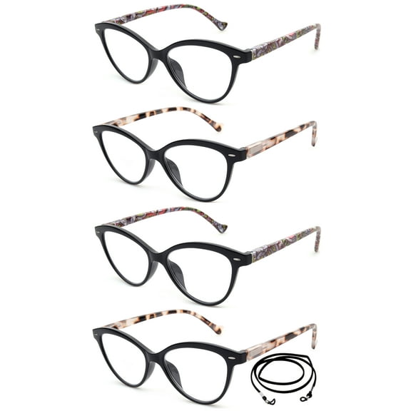 4 Packs Fashion Women Cateyes Reading Glasses Floral & Leopard Reading Glasses Cat Eyes Spring Hinge Woment Reaing Glasses 1.75
