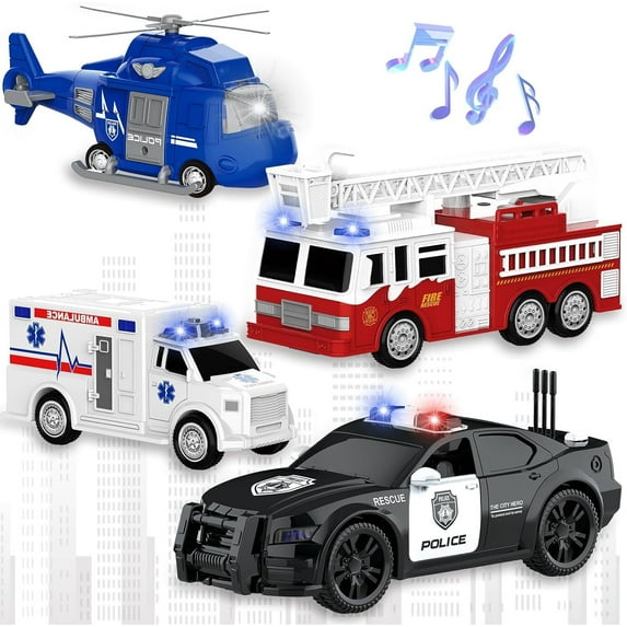 4 Packs Fire Truck Toy Rescue Helicopter, Police Car, Fire Truck, Ambulance Friction Powered Toys for Toddlers, Toys Gift for Age 3-12