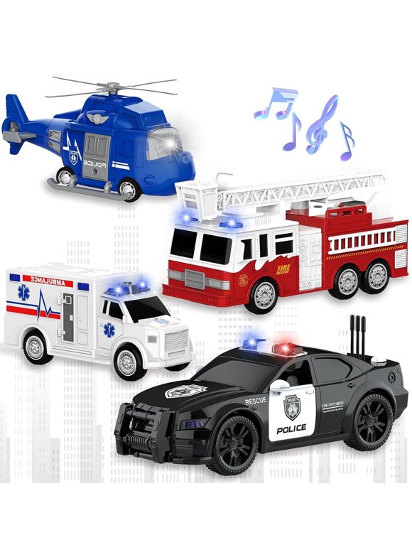 4 Packs Fire Truck Toy Rescue Helicopter, Police Car, Fire Truck, Ambulance Friction Powered Toys for Toddlers, Toys Gift for Age 3-12