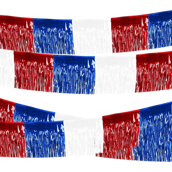 4 Packs Fourth of July Decorations Foil Fringe Garlands Hanging Banner White Red Blue Tassel Streamers Curtains Shiny Metallic Tinsel Wall for Parade Floats Birthday Party Independence Day Decor