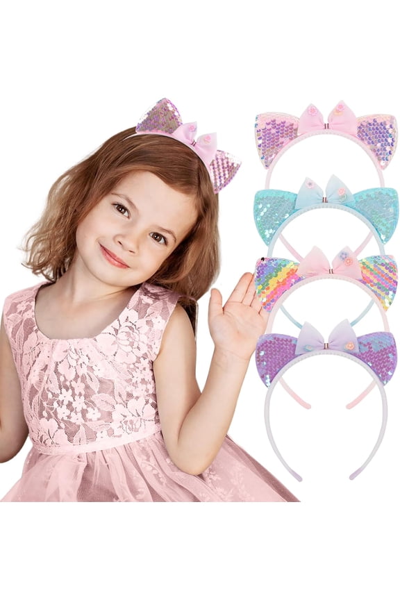 4 Packs Glitter Headbands for Women Cute Sequin Animal Ears Hair Accessories Birthday Halloween Costume Headwear