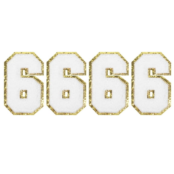 4 Packs Glitters Chenille Number Patches 8.4cm / 3.3" Embroidery Numbers Patches for T-Shirt, Hats, Bags (White, 6)