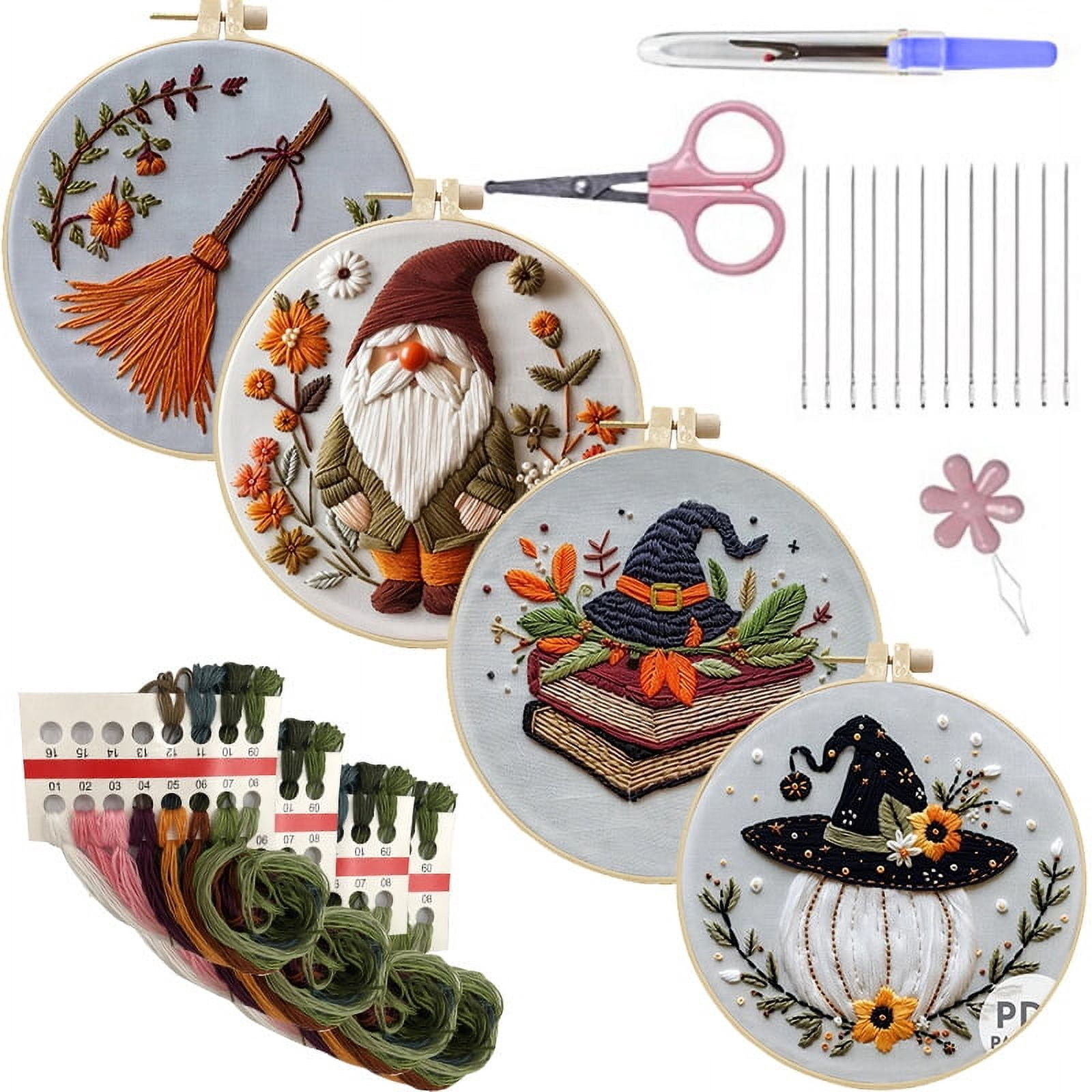 4 Packs Halloween Cross Stitch Kits for Adults Beginners, DIY Ghost Gothic Embroidery Starter Set with Stamped Pattern, Hoop, Thread, Instructions, Halloween Needlepoint Craft Gift