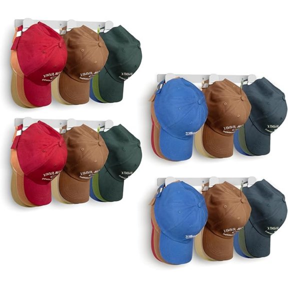 4 Packs Hat Rack for Wall, Hat Organizer for Baseball Caps Holds 36 pcs, 3 Mounting Options Cap Hook Hanger, Strong Snapback Holder Storage Display for Door, Room, Closet (White)