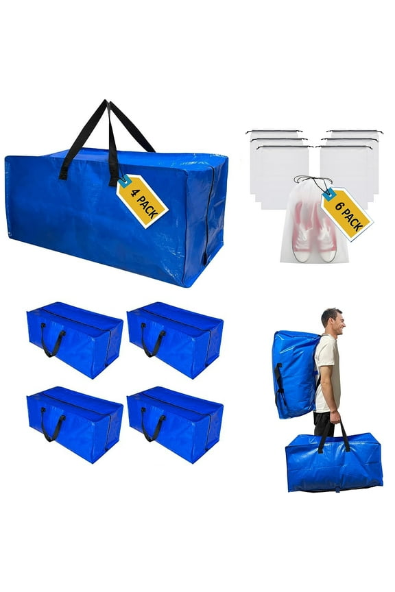 4 Packs Heavy Duty Extra Large Moving Bags with Backpack Straps & 6 Packs Shoe Bags Moving Supply Combo, Moving Totes with Handles & Zippers for Space Saving, Clothes Storage Containers