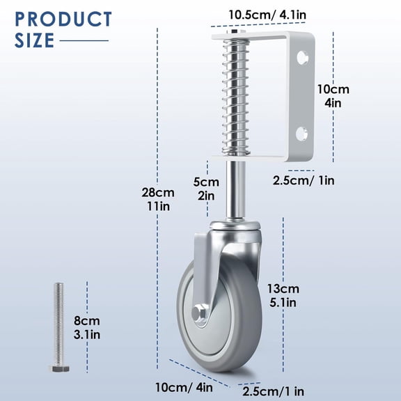 4 Packs Heavy Duty Gate Wheel Spring-Loaded Gate Casters, 4 inch Sliding Gate Wheels for Wooden Gate, Metal Tube Gate, Fence, 250-500lbs Load Capacity (4inch 4PCS)