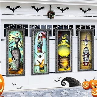 4 Packs Jack Sally Banners Porch Signs Halloween Decor Christmas Nightmare Hanging Banner Halloween Decorations Outdoor Before Party Banner Wall Art