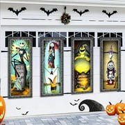 4 Packs Jack Sally Banners Porch Signs Halloween Decor Christmas Nightmare Hanging Vintage Banner Halloween Decorations Outdoor Horror Poster for Indoor Stretching Portraits Before Party Banner Wall