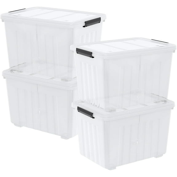 4 Packs Large 70 L Plastic Stackable Storage Bins with Wheels and Latching Lid, Clear Storage Container Tote
