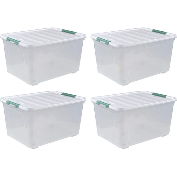 4 Packs Large 80 L Plastic Storage Bins with Wheels, Stackable Garage Organizer Container, Latching Storage Tote Boxes for Closet, Clear & White Lid