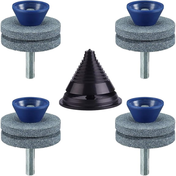 4 Packs Lawn Mower Blade Sharpener, Double Layer Sharpener Universal Sharp Rotary Lawn Mower Blade Sharpener with Blade Balancer Corundum Blade Sharpeners for Hand Drill
