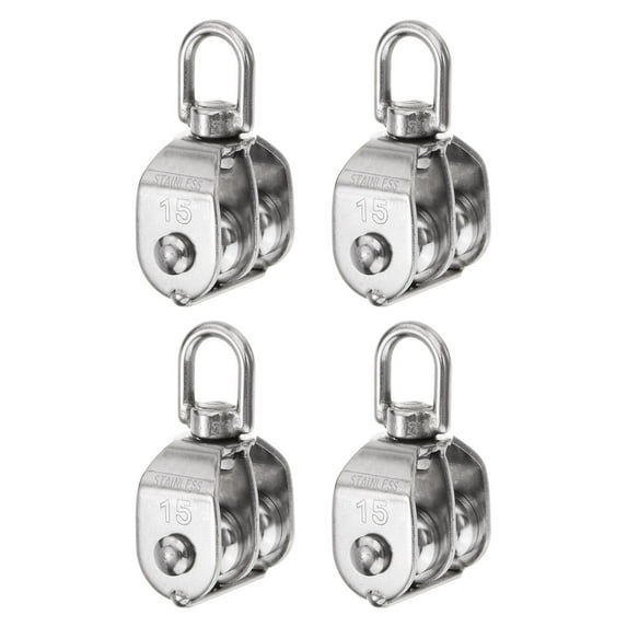 4 Packs M15 Double Pulley Block Stainless Steel Swivel Rigging Lifting Wheel Fixed Pulley, Hanging Wire Towing Wheel
