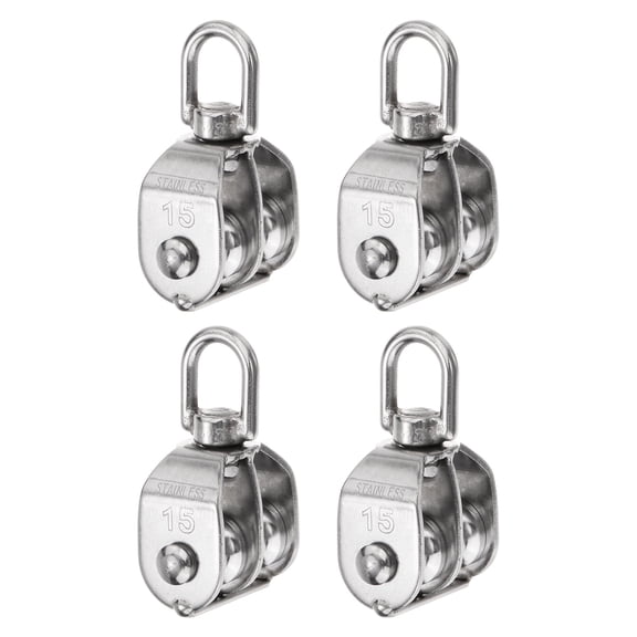 4 Packs M15 Double Pulley Block Stainless Steel Swivel Rigging Lifting Wheel Fixed Pulley, Hanging Wire Towing Wheel