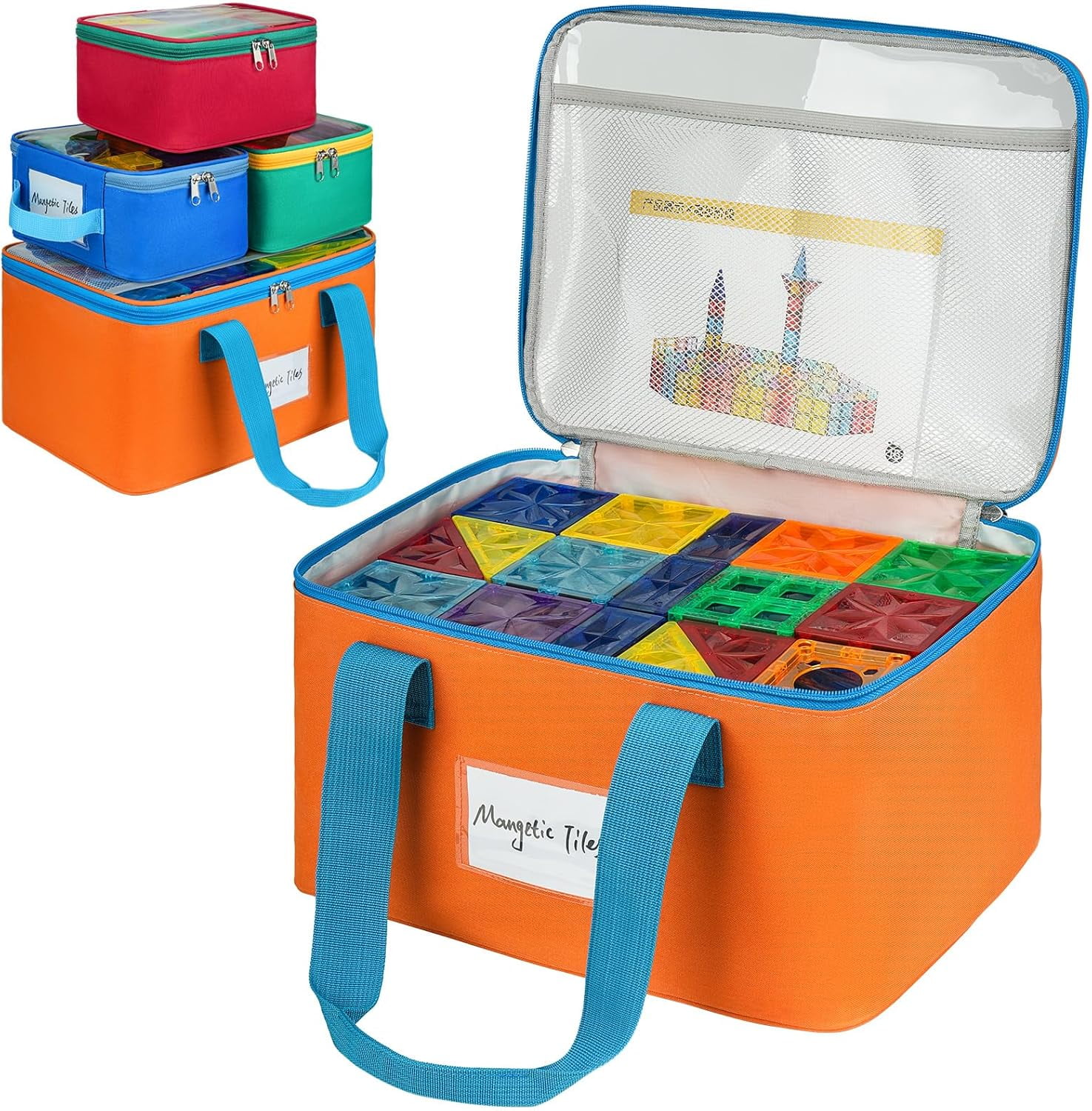 4 Packs Magnetic Tiles Storage Bags,Magnetic Tiles Storage Bin,Toy Organizer Case with Mesh Pocket and Tag Pocket for Magnet Building Tiles,Board Game,Puzzle and  Bricks