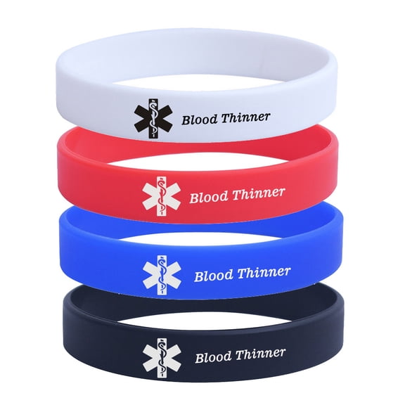 4 Packs Medical Alert ID Silicone Bracelet Emergency Sports Bood Thinner Wristbands for Man Women,6mm / 12mm Width Alert Rubber Bracelets with Med Wallet Card