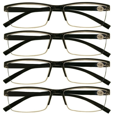 4 Packs Mens Rectangle Half Frame Reading Glasses Blue Light Blocking Black Spring Hinge Readers +2.50