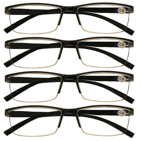 4 Packs Mens Rectangle Half Frame Reading Glasses Blue Light Blocking Black Spring Hinge Readers +3.50