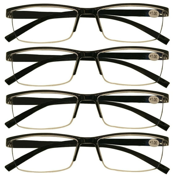 4 Packs Mens Rectangle Half Frame Reading Glasses Blue Light Blocking Black Spring Hinge Readers +3.50