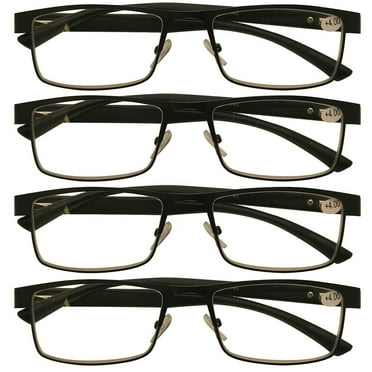 4 Packs Mens Rectangle Metal Frame Reading Glasses Black Spring Hinge Readers +1.00