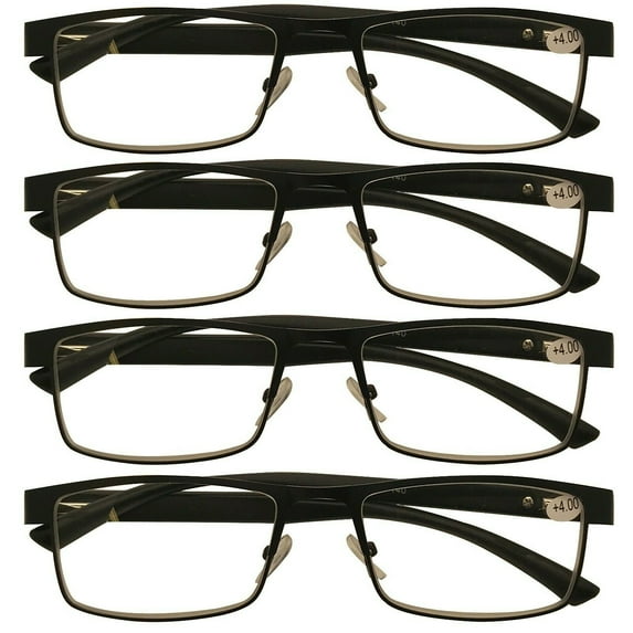 4 Packs Mens Rectangle Metal Frame Reading Glasses Black Spring Hinge Readers +1.00