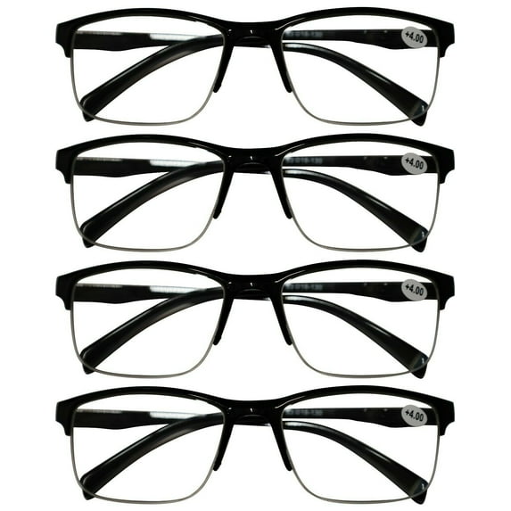 4 Packs Mens Unisex Half Frame Square Reading Glasses Black Spring Hinge Readers +1.00