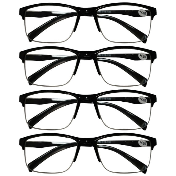 4 Packs Mens Unisex Half Frame Square Reading Glasses Black Spring Hinge Readers +3.50