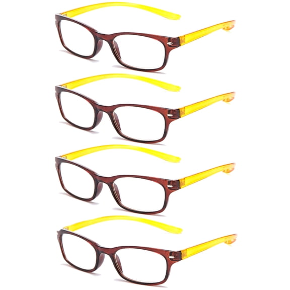 4 Packs Neck Hanging Reading Glasses Comfortable Fit Slim Look in 2 Tone Color-Brown/Yellow +1.00