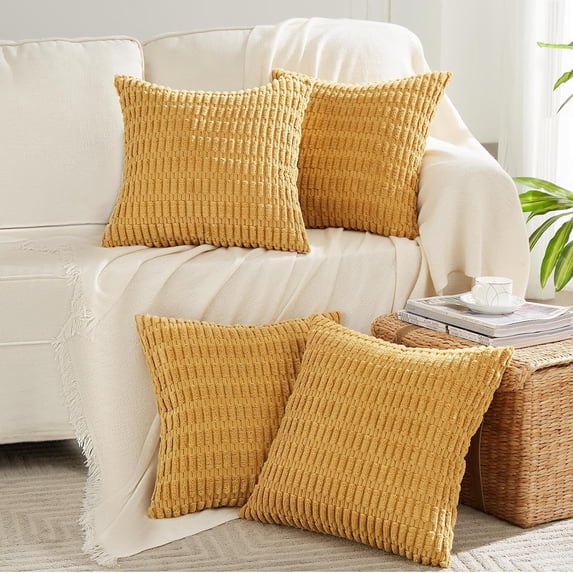 4 Packs Neutral Decorative Throw Pillow Covers 18x18 Inch for Living Room Couch Bed Sofa, Rustic Farmhouse Boho Home Decor, Soft Plush Striped Corduroy Square Cushion Case 45x45 cm