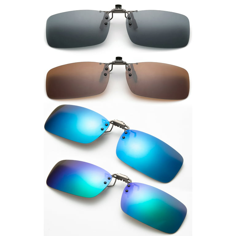 4 Packs Newbee Fashion - Polarized Clip-On Flip Up Metal Clip Sunglasses Multi Purpose Polarized Lenses (Glasses Not Included), Smoke, Brown, Blue 