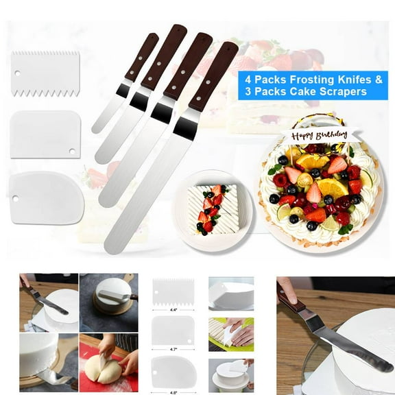 4 Packs Offset Spatula, Stainless Steel Cake Icing Spatula Set 4 6 8 10with Wooden Handle and 3 Packs Cake Smoother Scraper Set for Cake Decorating, Baking (Angled)