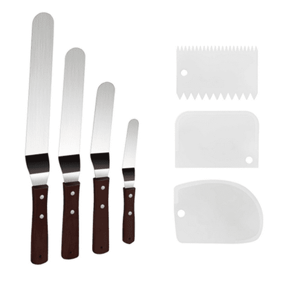 4 Packs Offset Spatula, Stainless Steel Cake Icing Spatula Set 4” 6” 8” 10”with Wooden Handle and 3 Packs Cake Smoother Scraper Set for Cake Decorating, Baking