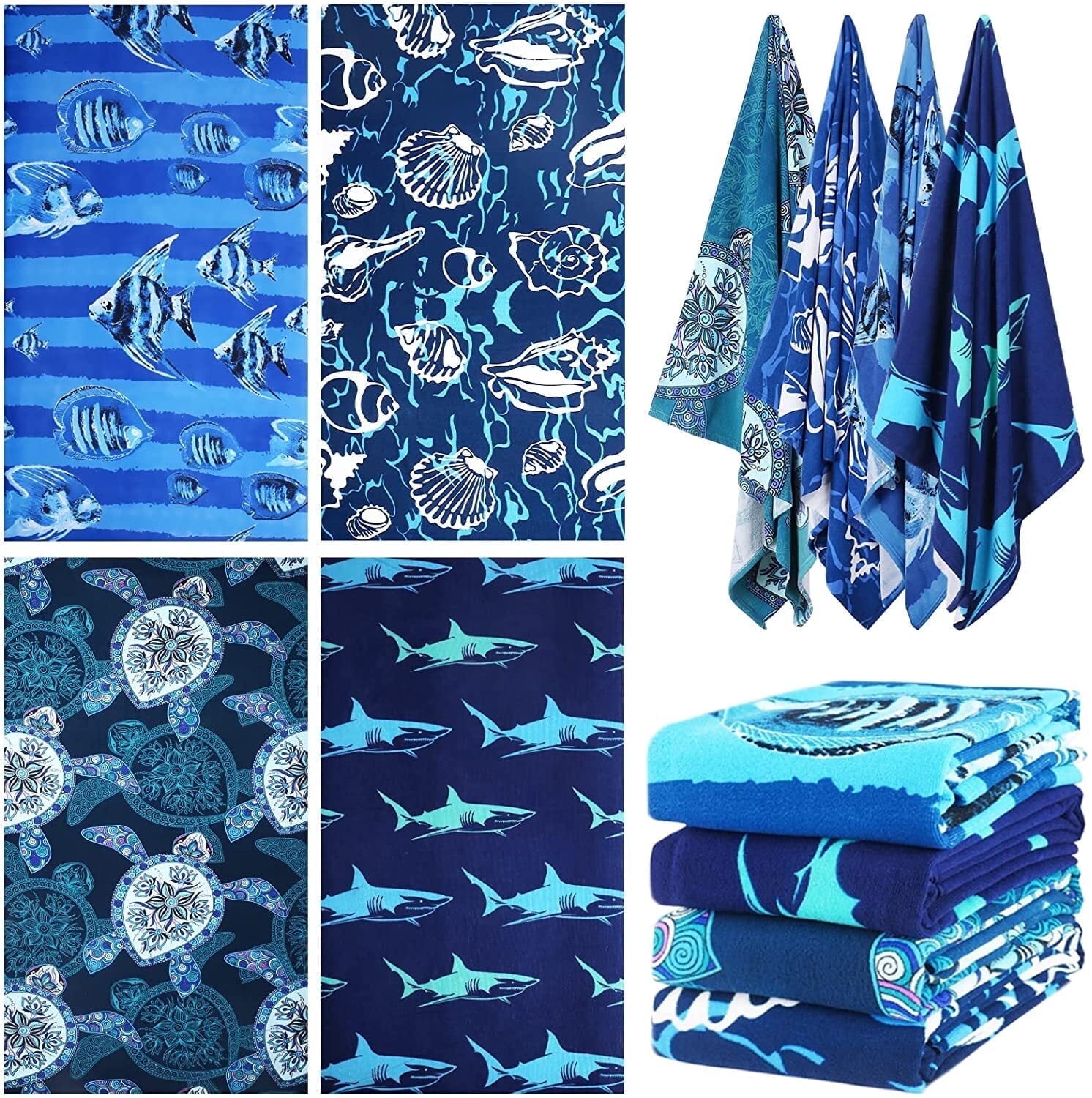 4 Packs Oversized Beach Towel Set, 36 x 72 in XL Extra Large Big Soft Pool Swim Travel Towels Blanket for Adult Women Men Camping Cruise Lounge Cover Gift Shark Turtle