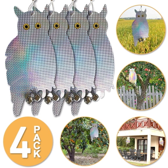 [4 Packs] Owl Bird Scare Hanging Repellent Device, IC ICLOVER Holographic Reflective Deterrent with Bells Easy Installation & Birds Away from Your Garden, Windows & Yard Bell Ring