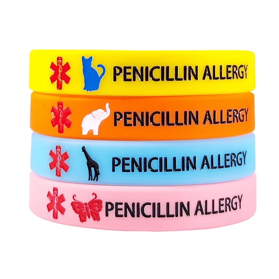 4 Packs Penicillin Allergy Silicone Bracelet for Teen Boys Girls Womens,Medical Allergies ID Rubber Wristbands Packs Medical ID Survivor Bracelet Band Emergency Jewelry with Medic Card