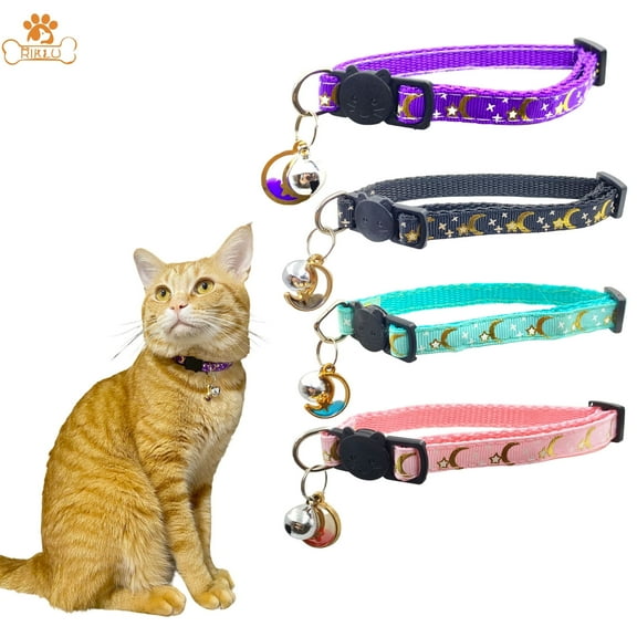 Riklu 4PCS Breakaway Cat Collars with Bell, Moons Stars Cute Kitty Adjustable Safe Kitten Collars with Pendant