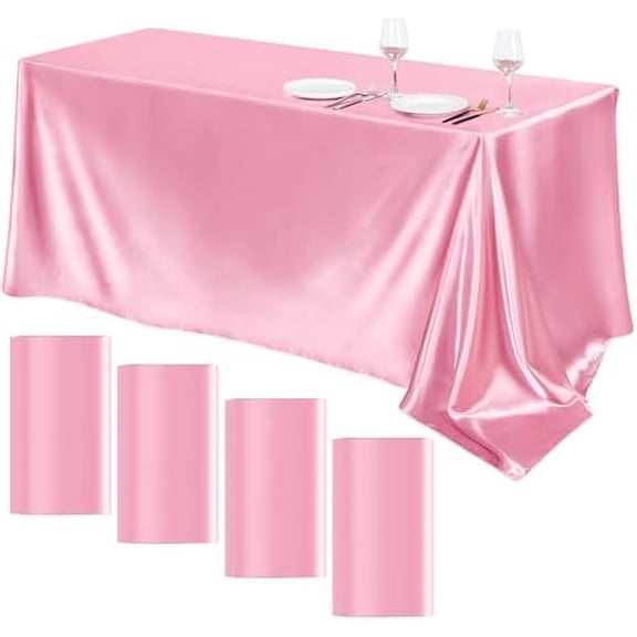 4 Packs Pink Satin Tablecloth 102 x 58 Inch Overlay Satin Table Cover Rectangle Bright Silk Tablecloth Smooth Fabric Table Decoration for Wedding Banquet Party Events