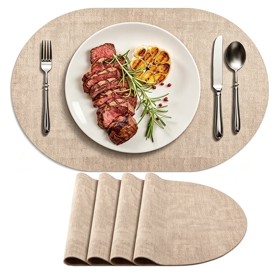 4 Packs Placemats, Heat Resistant Oval Faux Leather Place Mats 11.8 x 17 Inch, Waterproof Wipeable Reversible PU Placemat for Kitchen Dining Table, Indoor & Outdoor