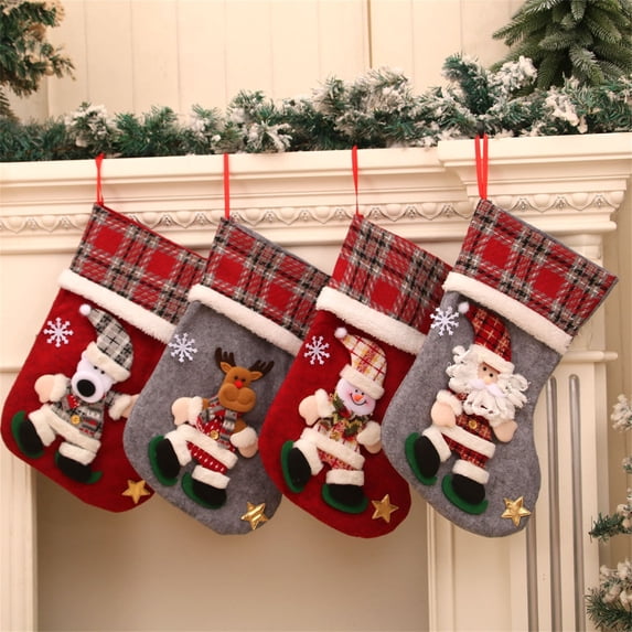 4 Packs Plaid Christmas Stockings with Hooks, 16" Knit Xmas Socks for Fireplace Mantel, Traditional Holiday Decor for Gifts (All Type)