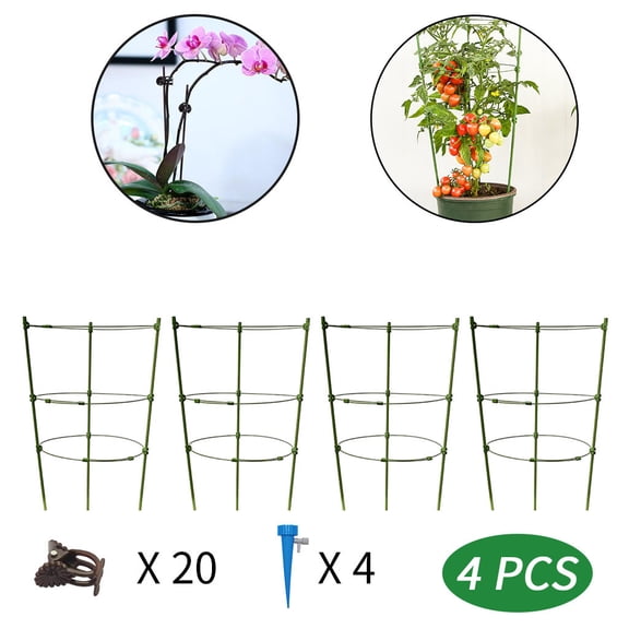 4 Packs Plant Support Cages Tomato Cage for Garden- 18 Inch Adjustable Garden Cucumber Trellis Plant Stakes, Trellis Support Rings for Climbing Plants, Pots, Indoor Plants with 20 Plant Clips