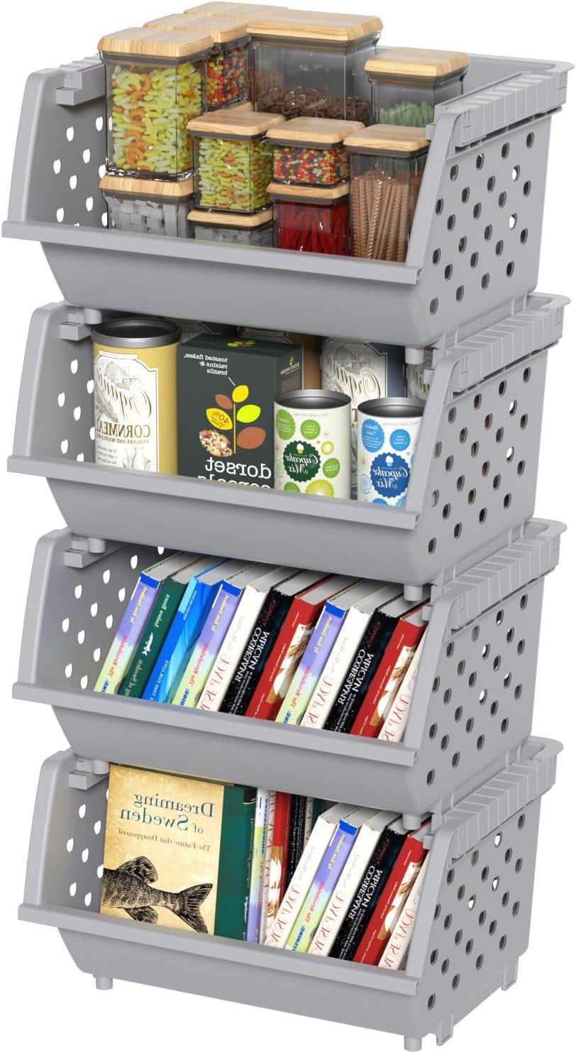 4 Packs Plastic Stackable Storage Bins, Large Stacking Storage Baskets ...