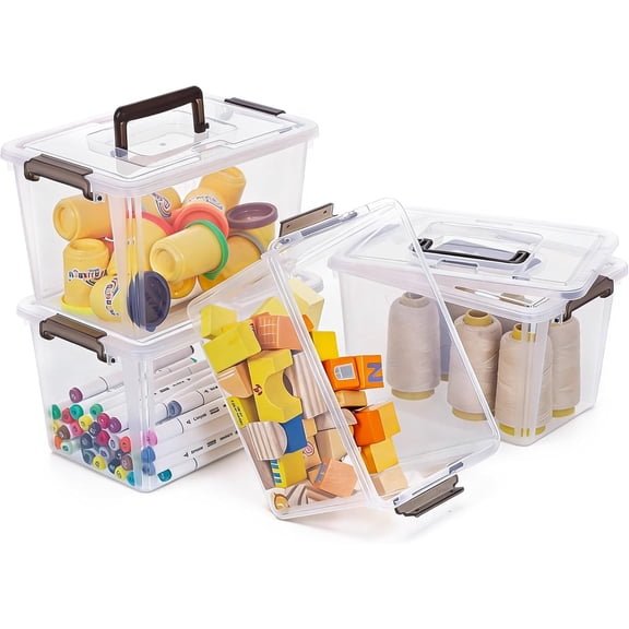 4 Packs Plastic Storage Bins with Latching  Clear Storage Box with handle Stackable Storage Containers for Organizing Toys, Crafts, Tools