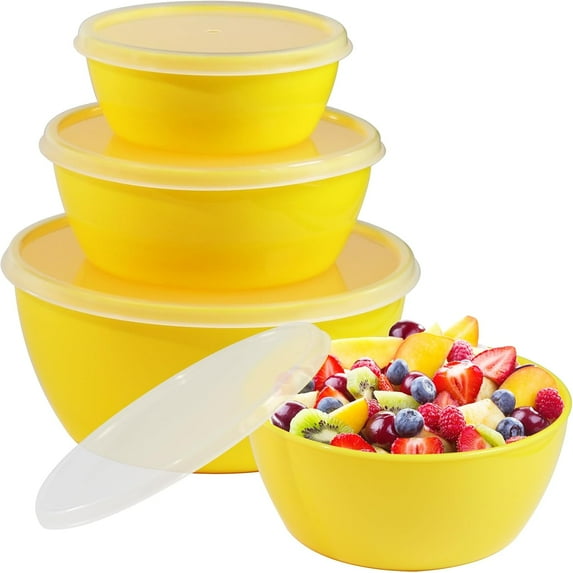 4 Packs Prep & Store Plastic Bowls with Clear Lids for Indoor and Outdoor , BPA-Free and Dishwasher Safe (Yellow)