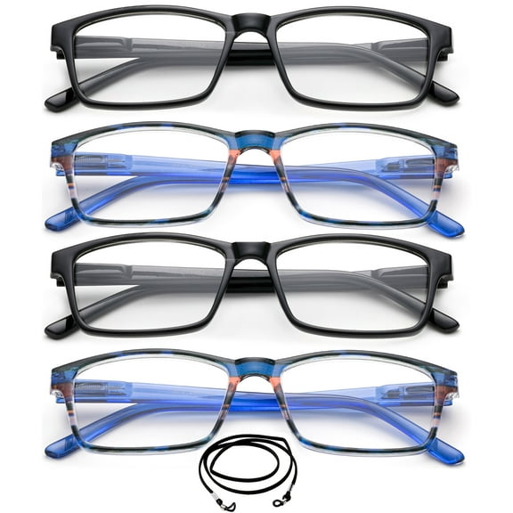 4 Packs Reading Glasses Black & Blue Rectangular Reading Glasses with Spring Hinge for Women Readers with Lanyard Slim Fit Reading Glasses 1.00