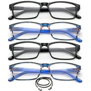 4 Packs Reading Glasses Black & Blue Rectangular Reading Glasses with Spring Hinge for Women Readers with Lanyard Slim Fit Reading Glasses 1.50