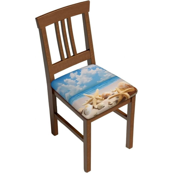 4 Packs Removable Chair Seat Covers For Dining Room, Starfish on Summer Beach Stretchable Office Kitchen Chair Slipcovers Cushion Protector Seashell Blue Sky Furniture Decor, 16.9x16.9 Inches